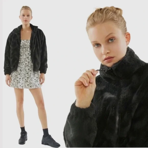 URBAN OUTFITTERS EVA BLACK FAUX FUR CHEVRON TEDDY BOMBER JACKET